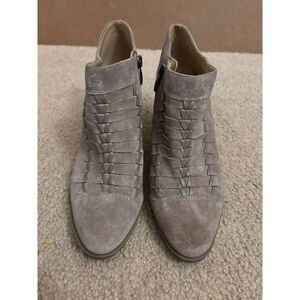Franco Sarto Women's Destiny Boot Size 8.5 Block Heel Braided Taupe Gray Suede